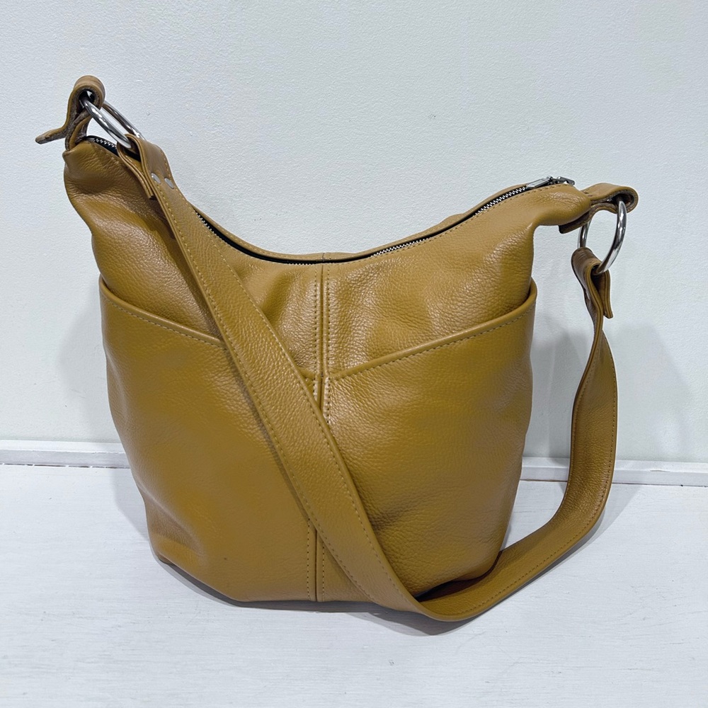 Genuine Pebbled Leather Mustard Yellow Hobo-Style‎ Crossbody Bag Silver Hardware